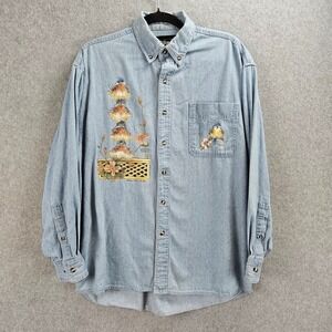 Most Wanted | CAROLYN SHORES | VTG 90s Wright Bird Denim Shirt Womens M Blue